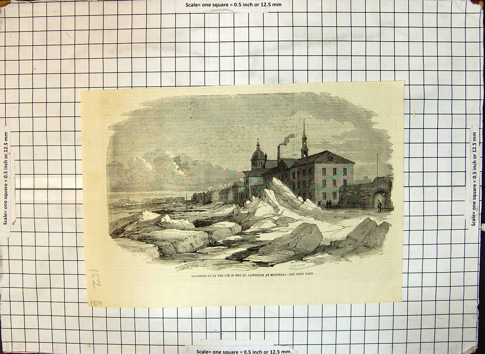 Antique Print Breaking Up Ice St Lawrence River Montreal Houses Church 1859