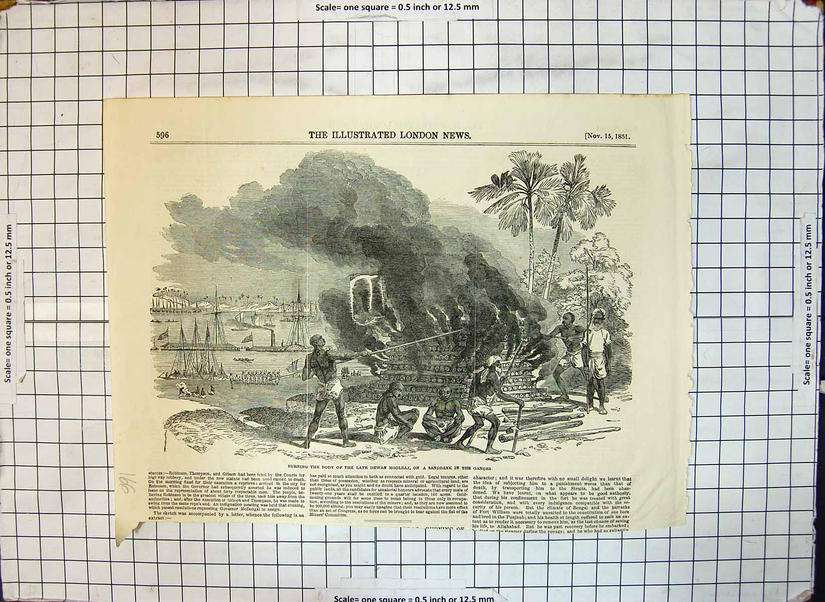 Original Old Antique Print Burning Body Dewan Moolraj Sandbank Ganges 1851 19th