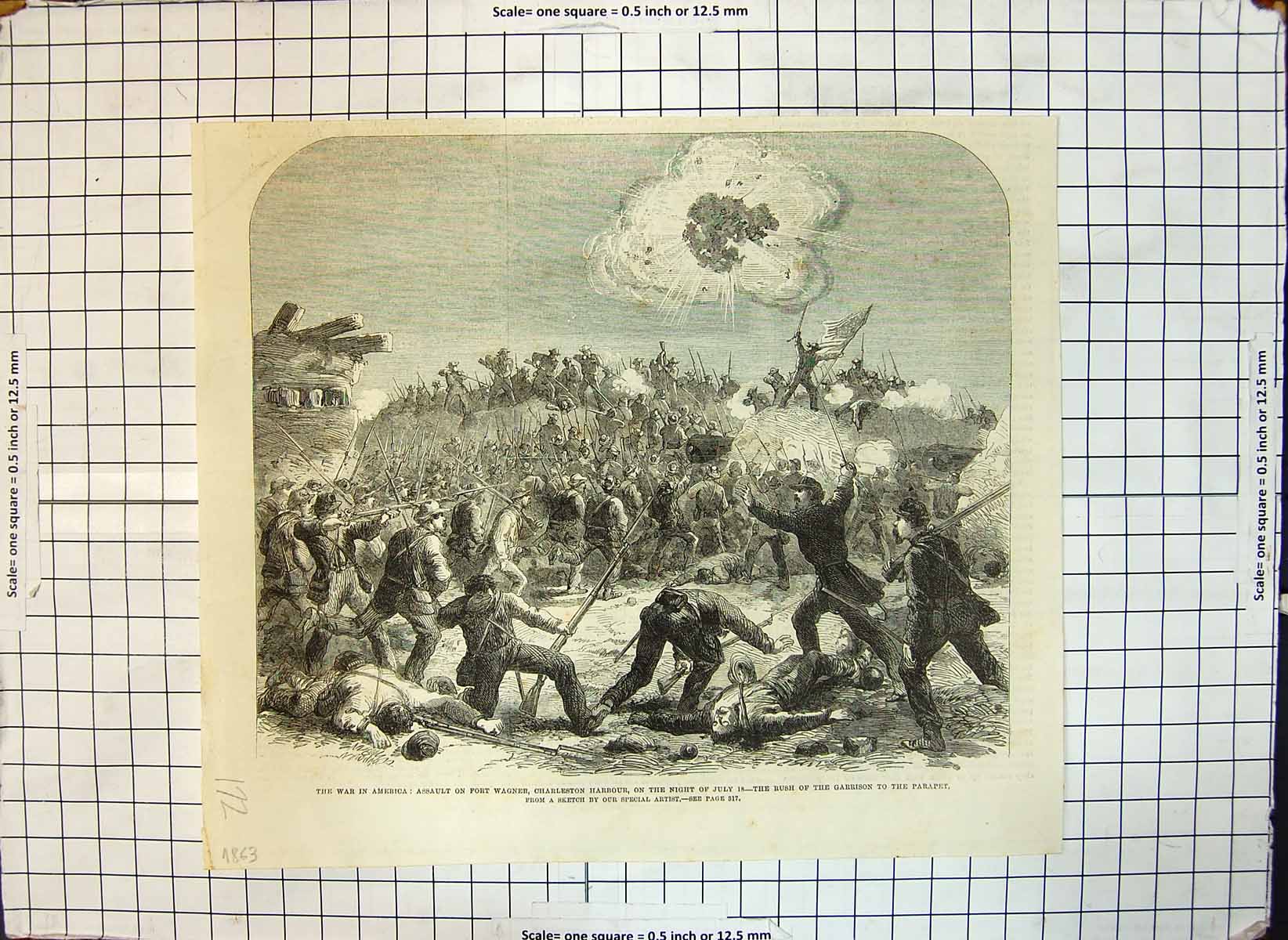 Old Antique Print War America Assault Fort Wagner Charleston Harbour 1863 19th