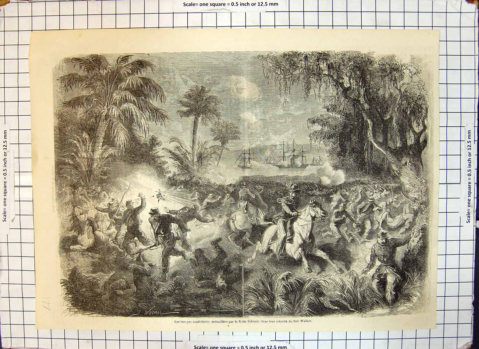 Original Old Antique Print Civil War Troops Federal Stream Retreat Fort Walker