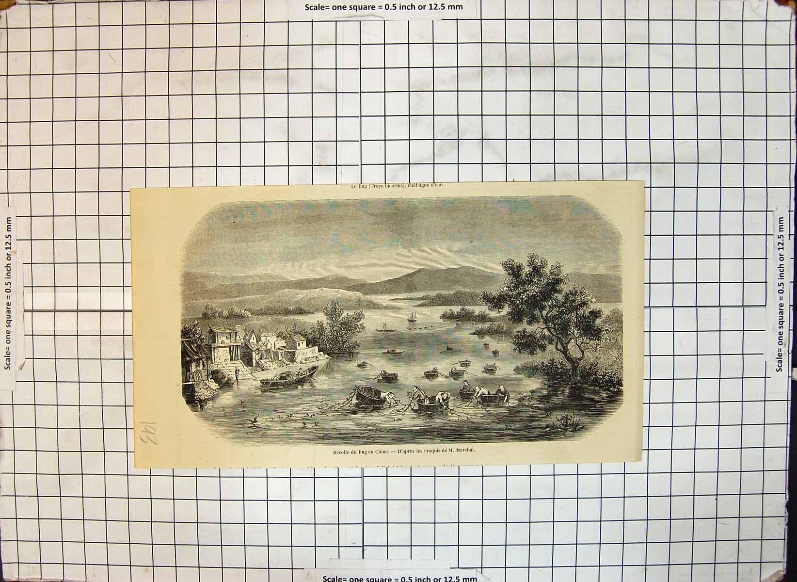 Antique Old Print Gathering Harvest China Men Small Tubs Boats Sea M Marchal