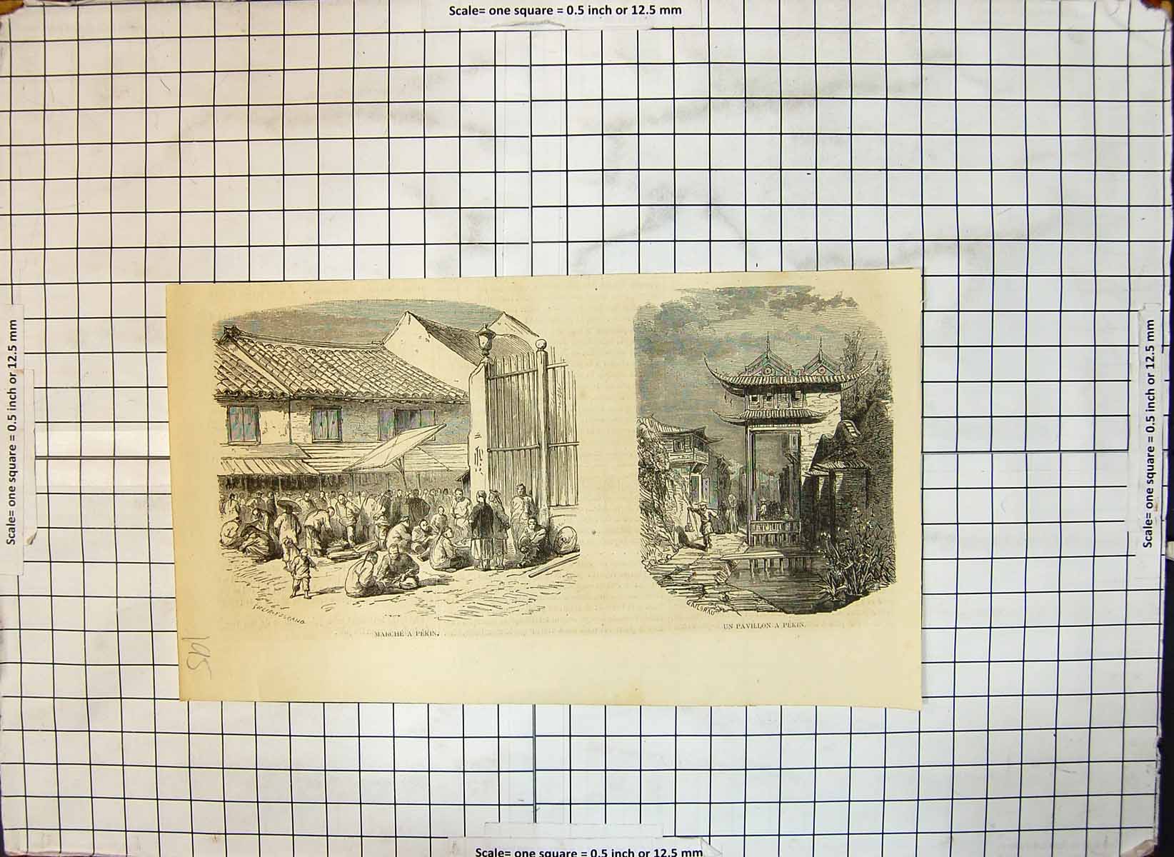 Original Old Antique Print March Meeting Men Peking Pavilion Peking 20th