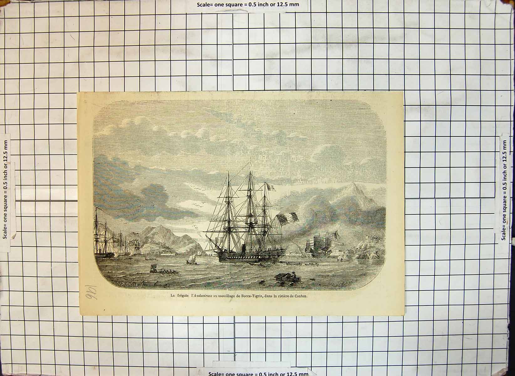 Original Old Antique Print Frigate Audacieuse Moored Bocca Tigris River Canton