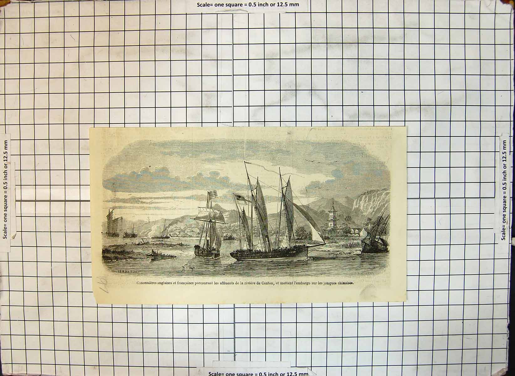 Original Old Antique Print English French Ships Affluent River Canton Chinese
