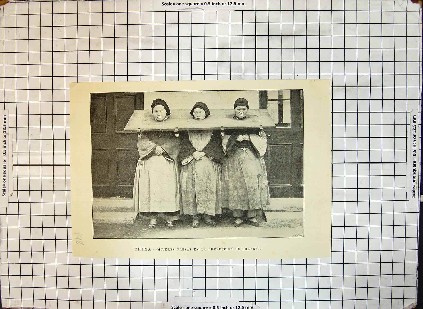 Antique Old Print China Mujeres Presas Prevention Shanghai Heads Holes Board