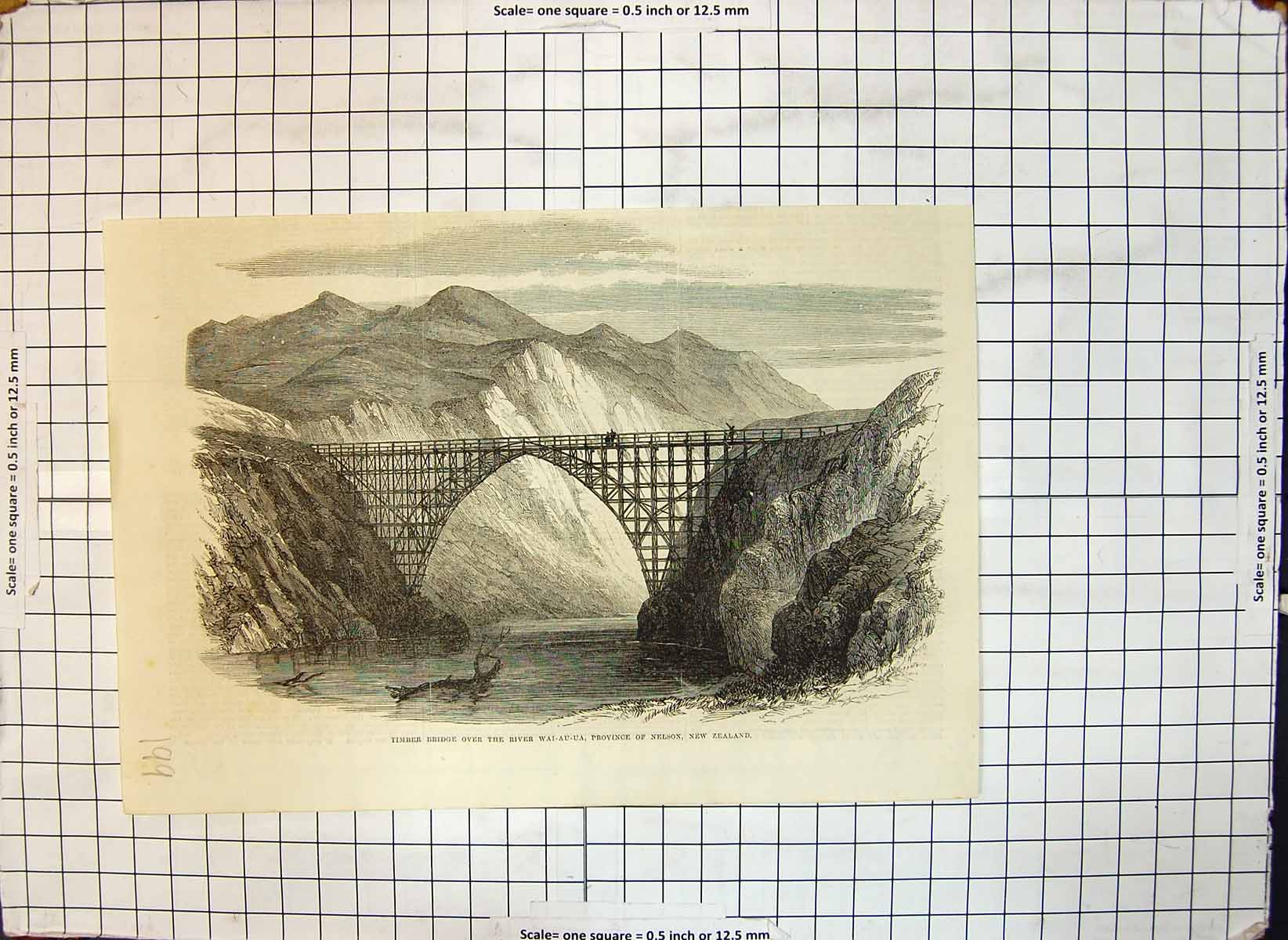 Antique Old Print Timber Bridge River Wai Au Ua Province Nelson New Zealand
