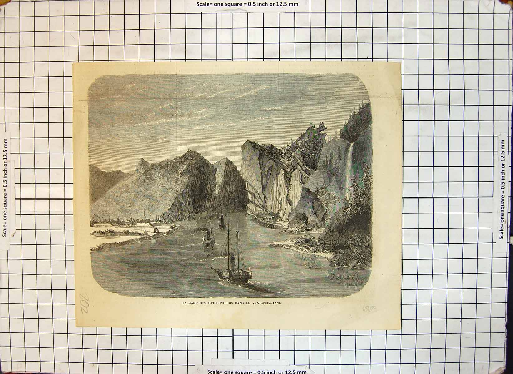 Original Old Antique Print Journey Ships Between Two Columns Yang Tze Kiang