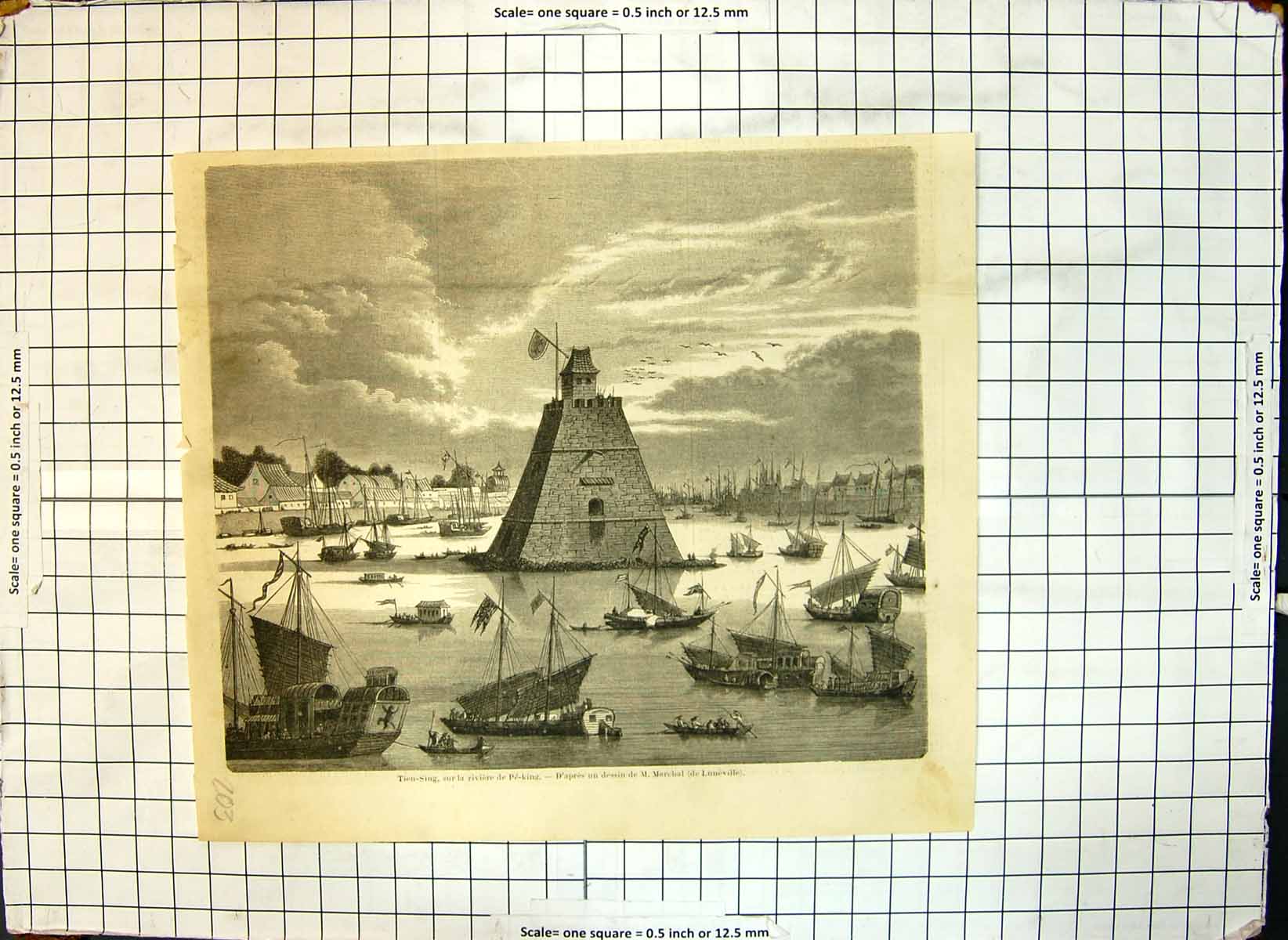 Original Old Antique Print Tien Sing River Peking Fort M Marchal Luneville