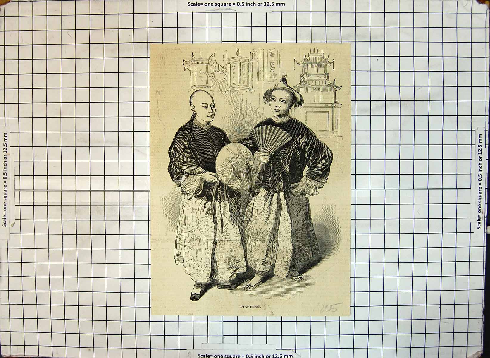 Original Old Antique Print Young Chinese Man Woman Traditional Dress Fan Hats