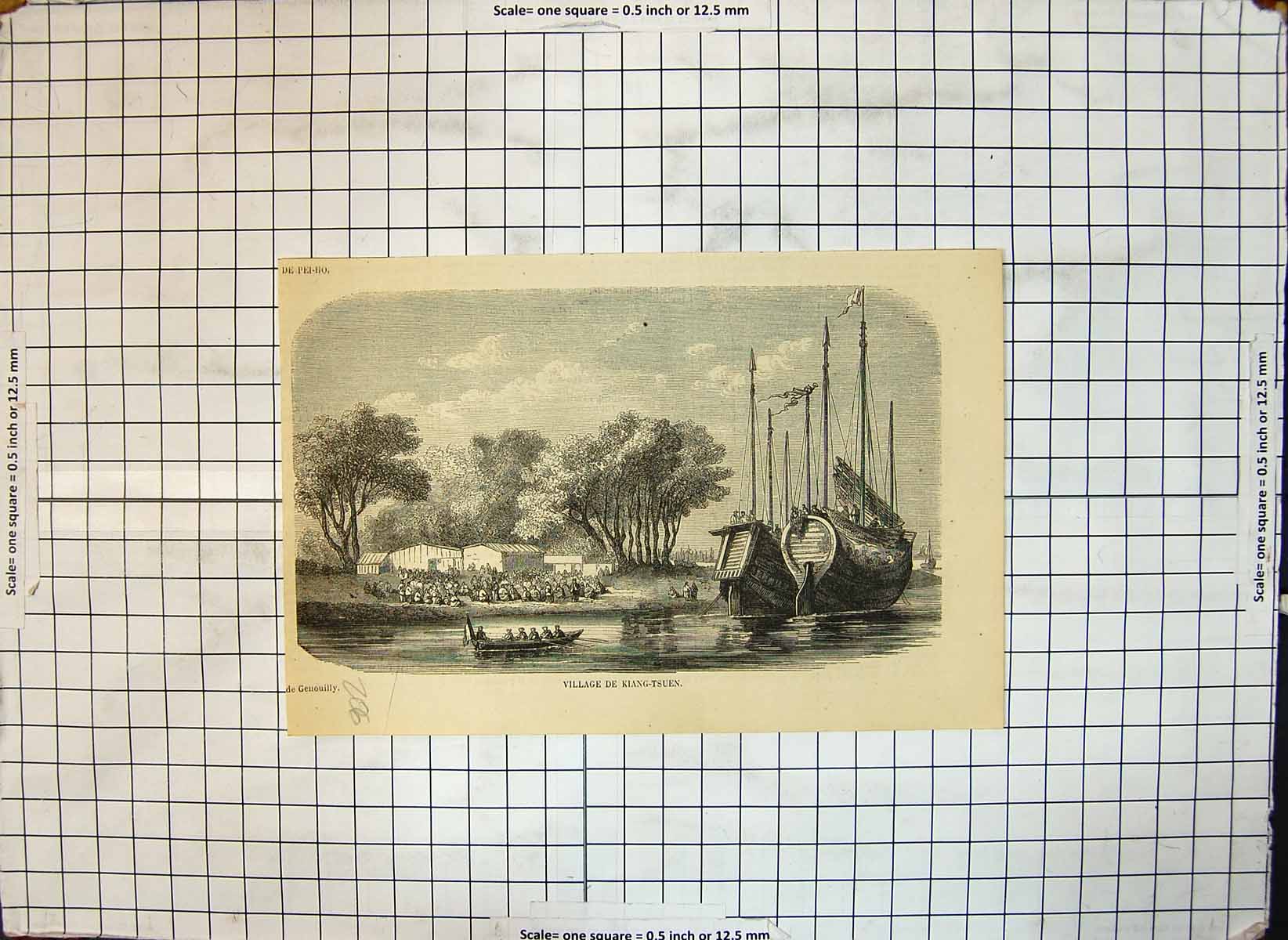 Original Old Antique Print Village Kiang Tsuen Ships River Crowd Onlookers