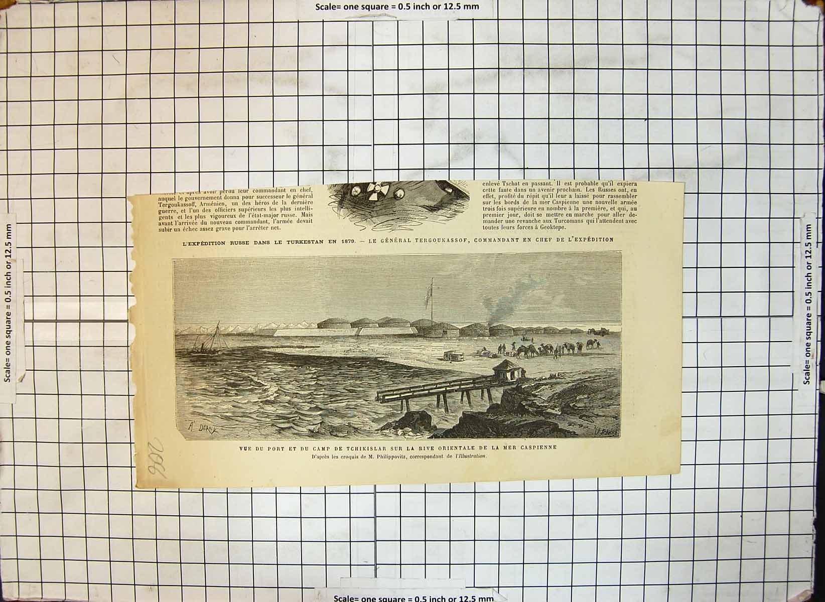 Original Old Antique Print View Port Camp Tchikislar Oriental River Caspian Sea