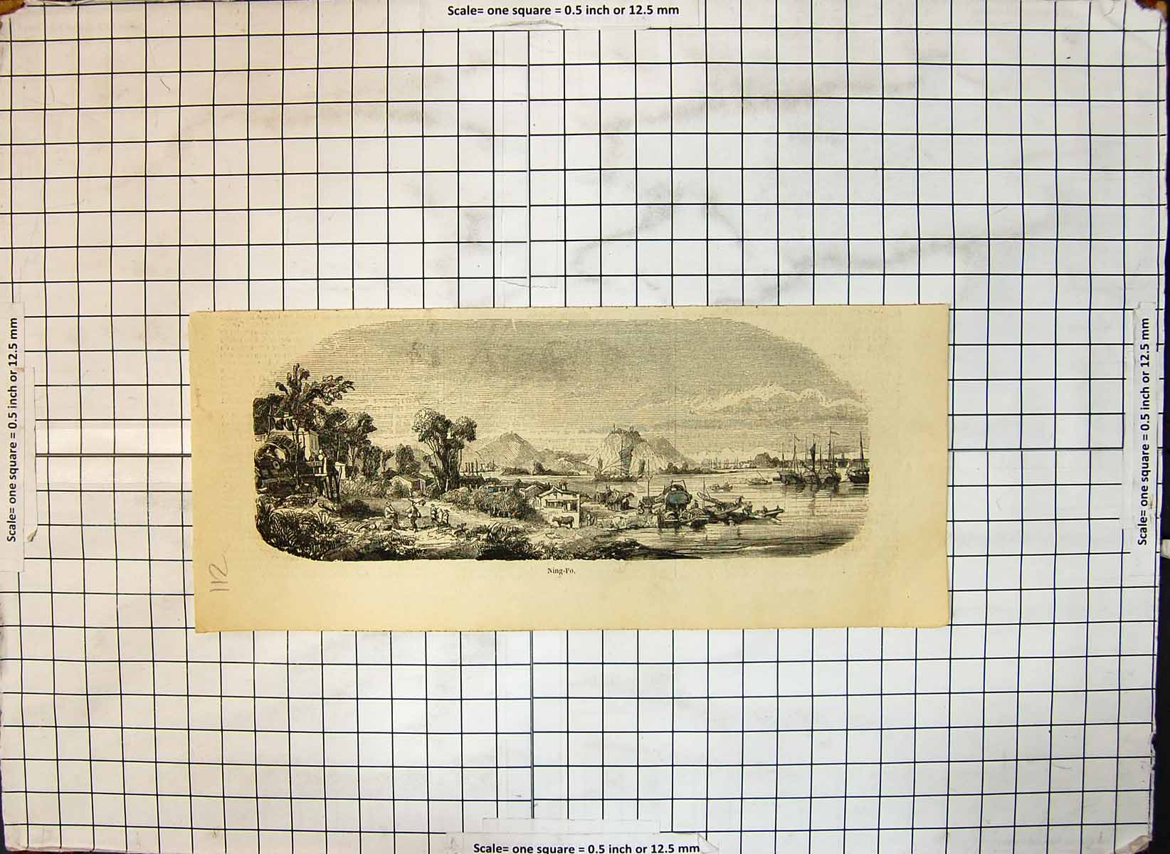 Original Old Antique Print View Ning Po Ships Bay Mountains