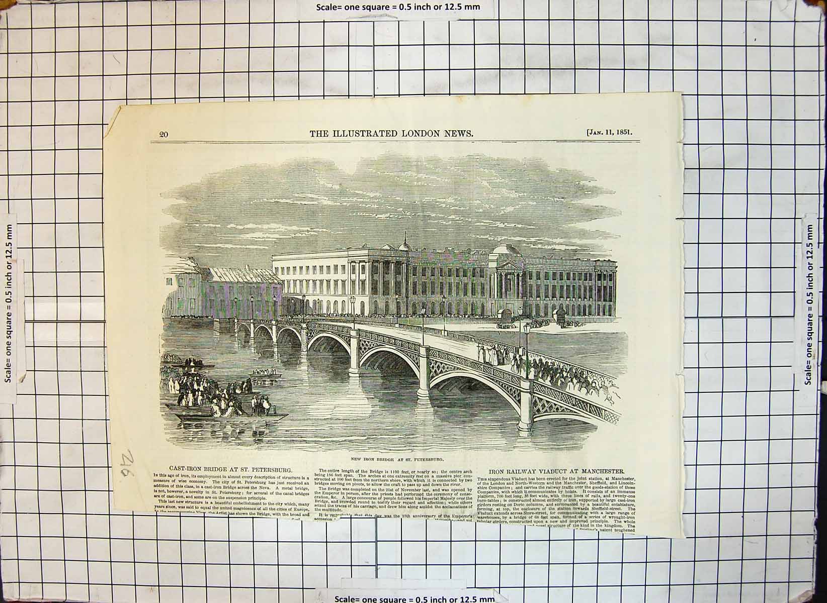 Original Old Antique Print New Iron Bridge St Petersburg 1851 19th