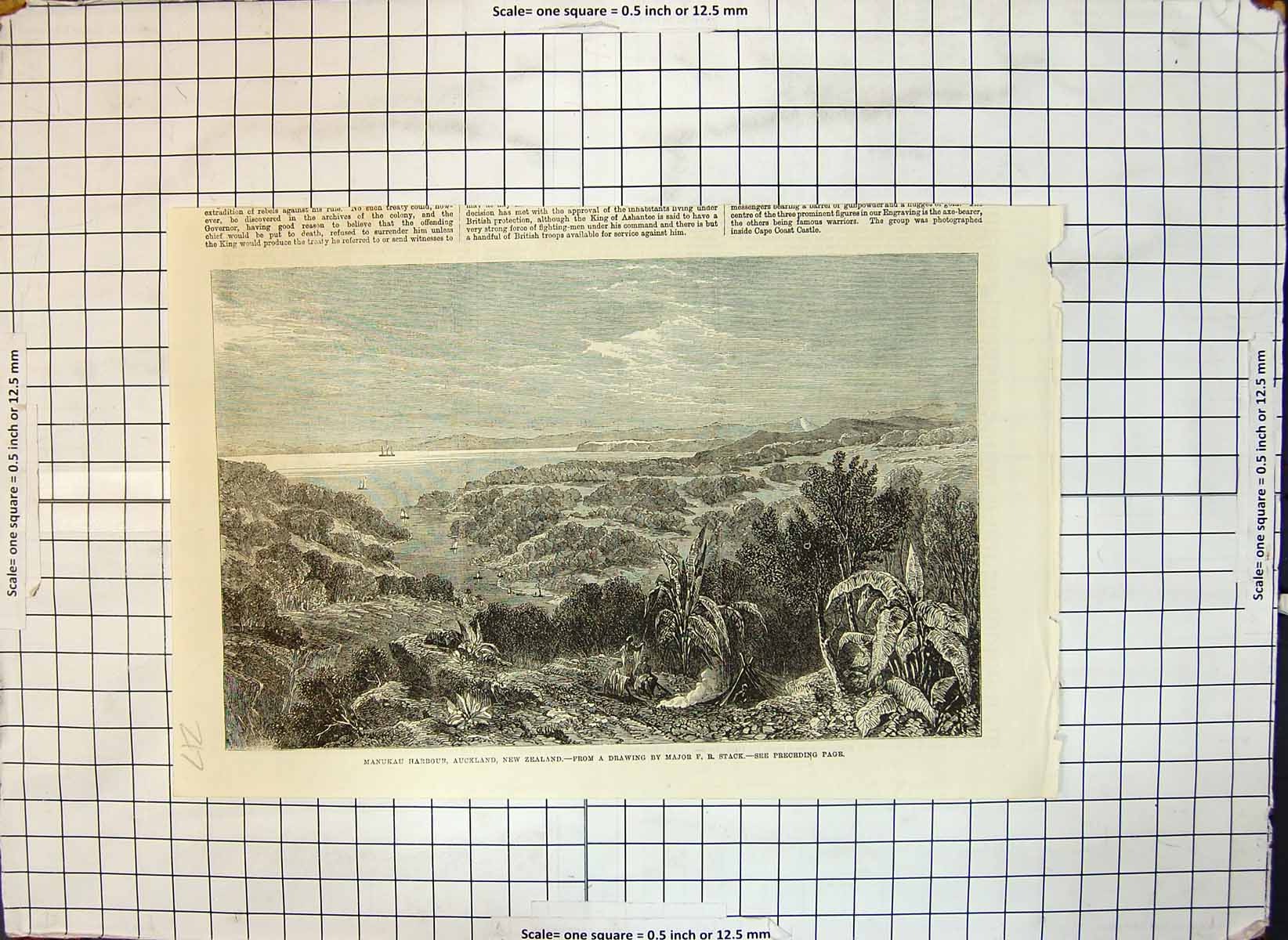 Original Old Antique Print Manukau Harbour Auckland New Zealand Major F R Stack