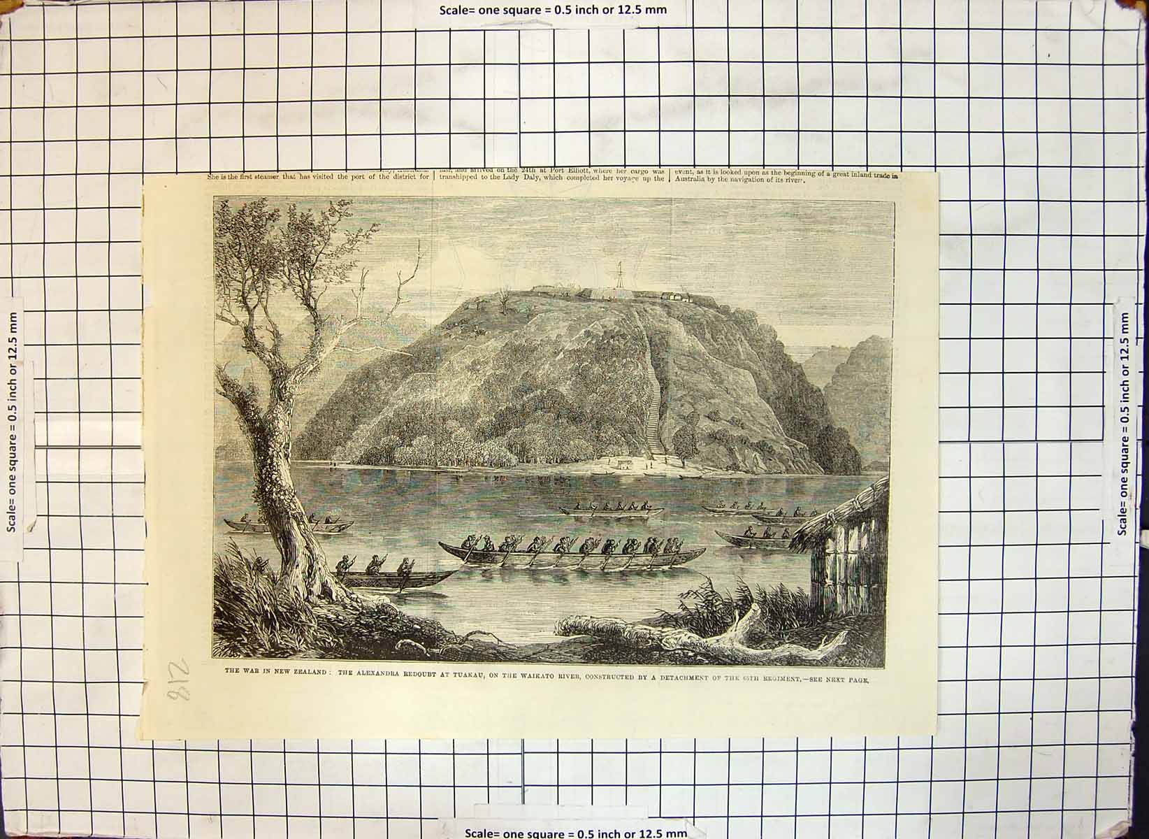 Old Antique Print War New Zealand Alexandra Redoubt Tuakau Waikato River