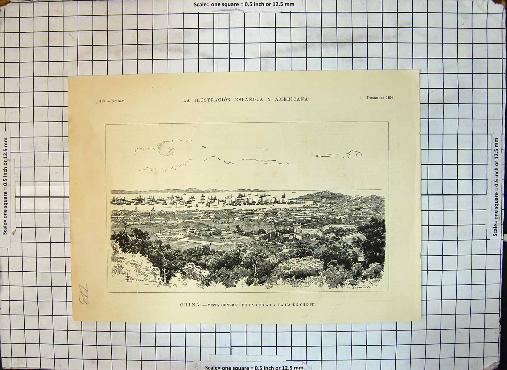 Antique Old Print China General View Ciudad Bahia Che Fu Town Ships Bay 1894