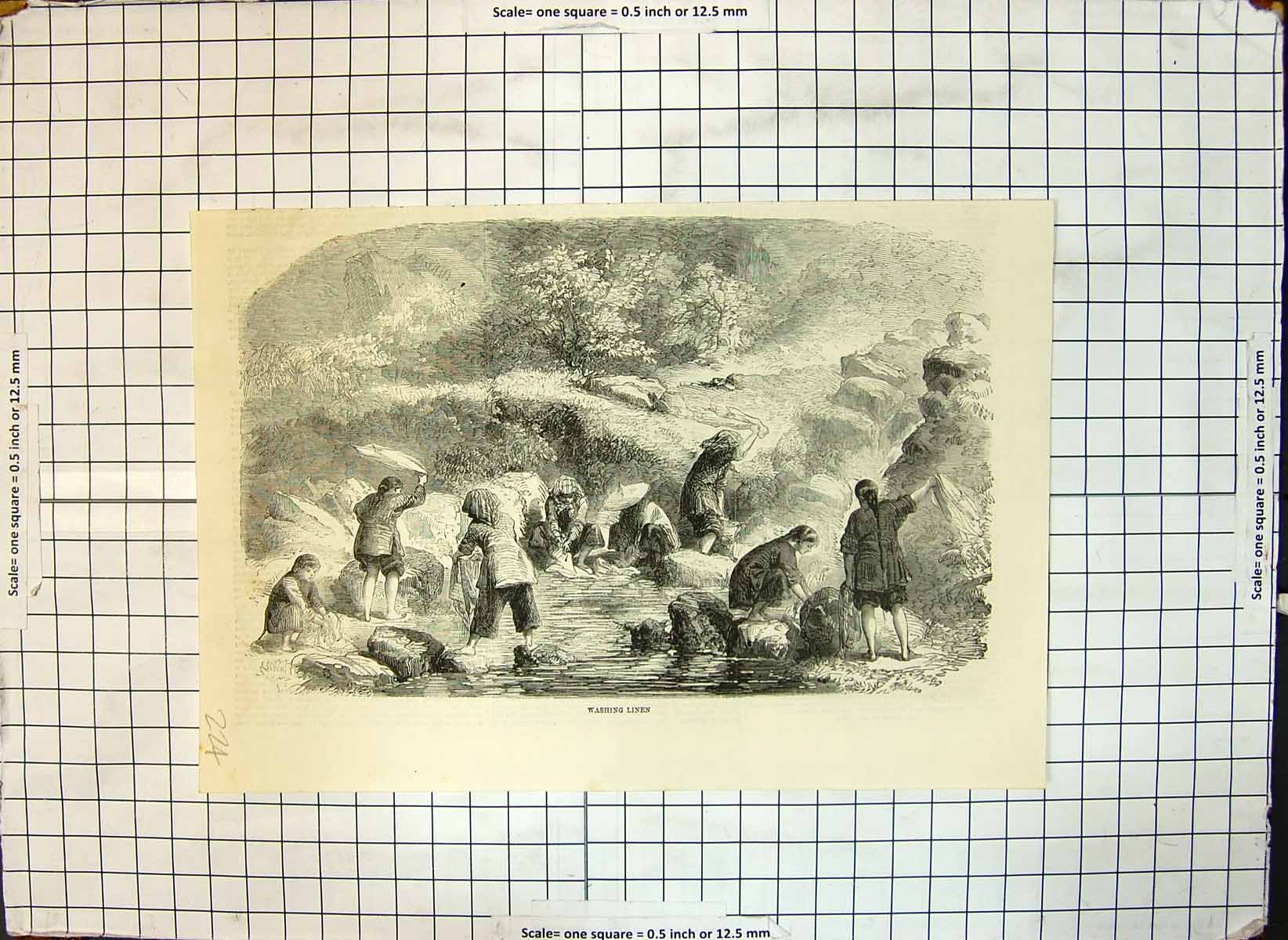 Original Old Antique Print Chinese Women Children Washing Linen River