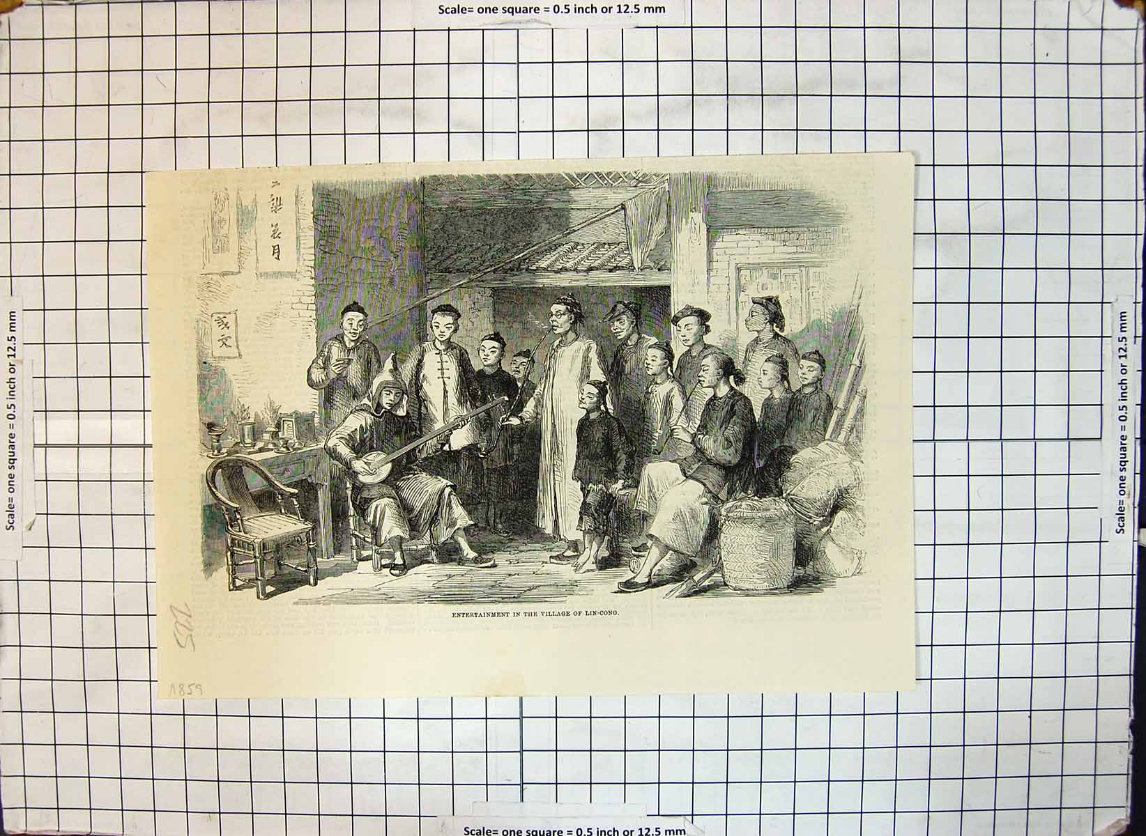 Antique Old Print Entertainment Village Lin Cong China Playing Mandalin 1859