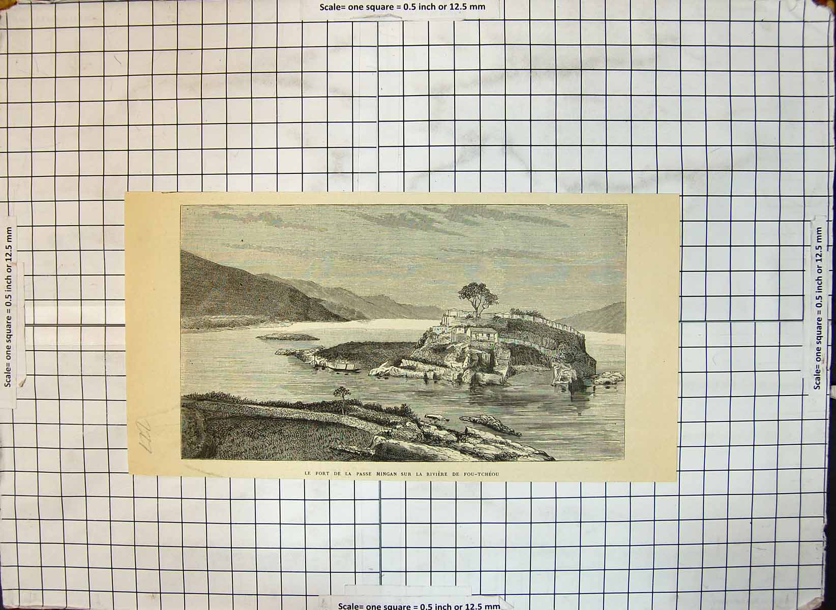 Original Old Antique Print Fort Passe Mingan On River Fou Tcheou