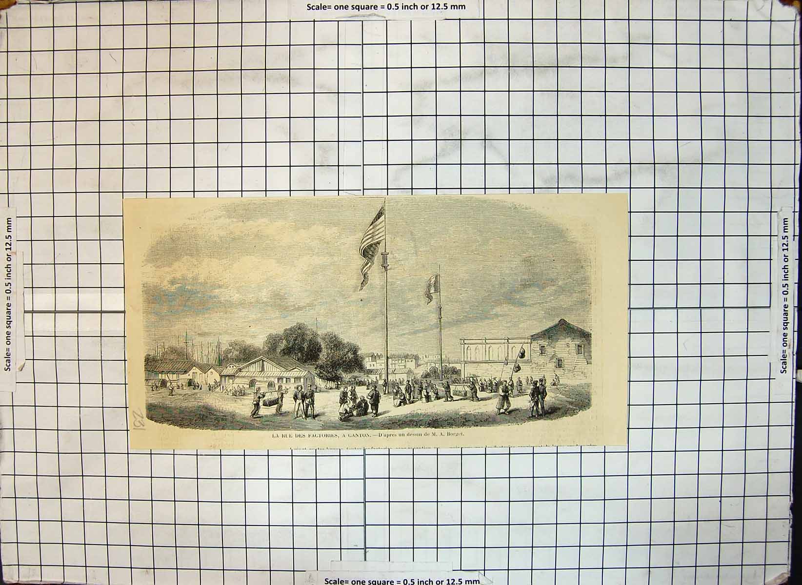 Antique Old Print Street Factories Canton Men Work Flags Flying M A Borget
