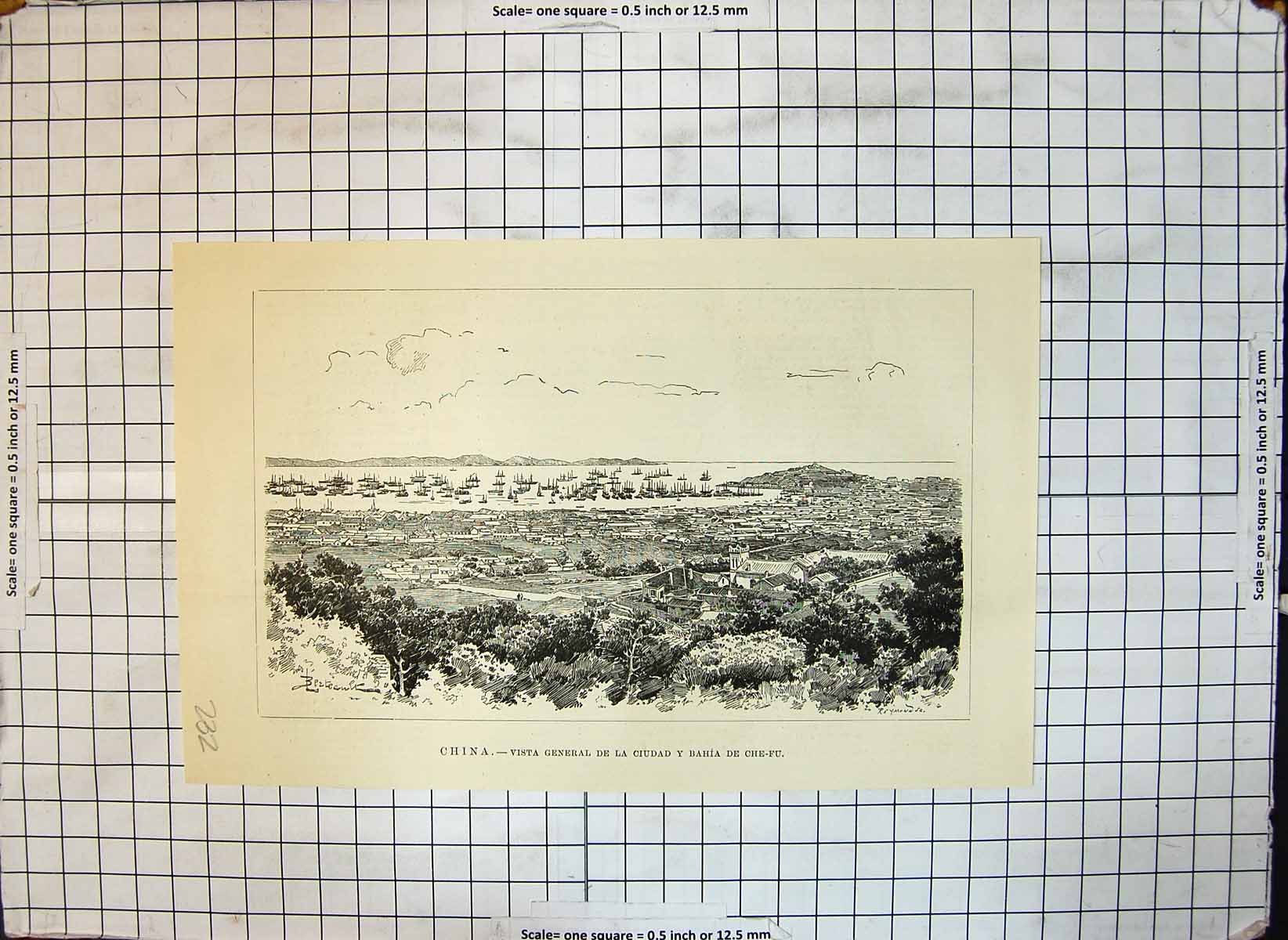 Old Antique Print General View Ciudad Bahia Che Fu Town Ships Bay China