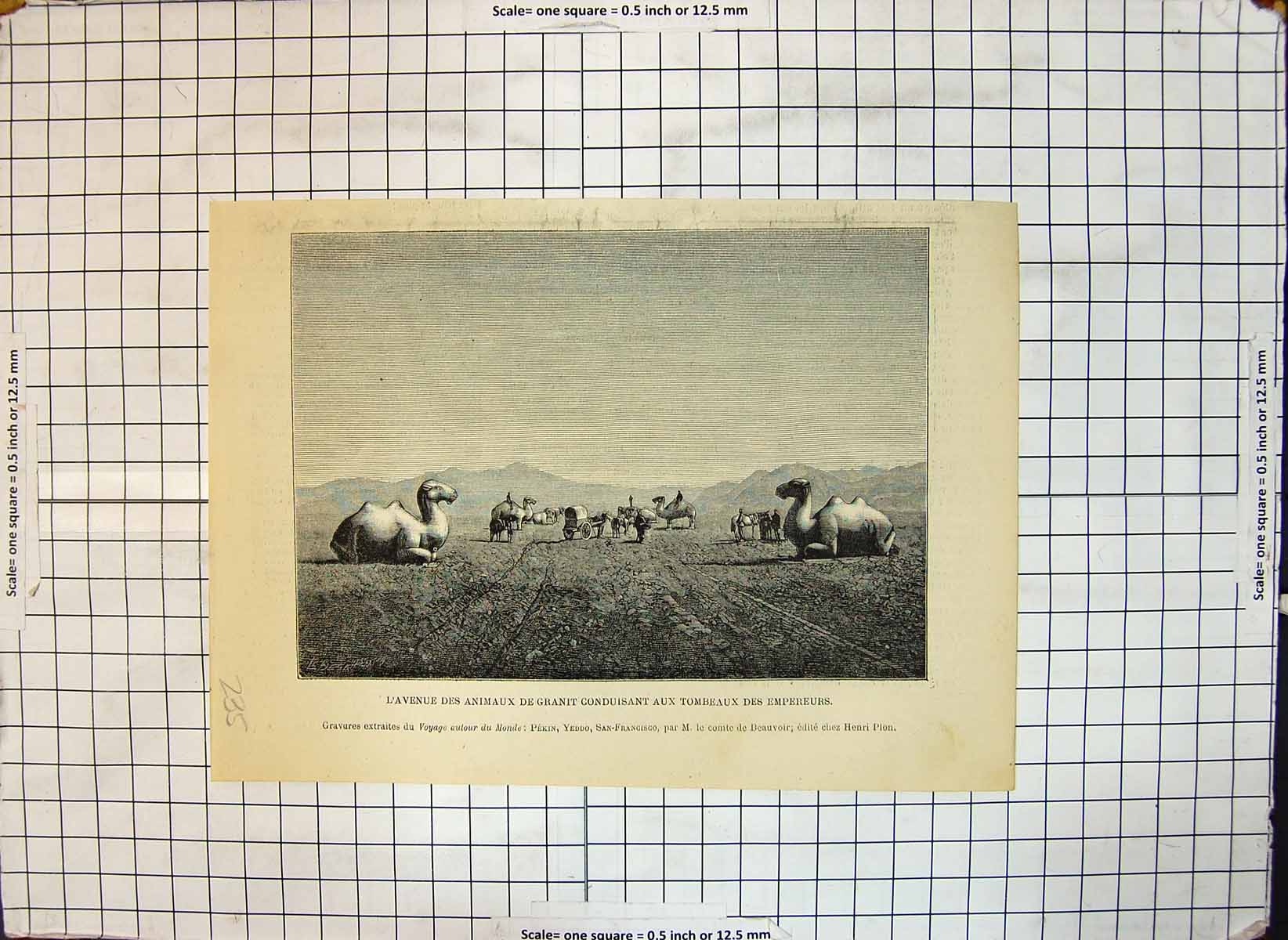 Antique Old Print Avenue Large Animals Tomb Emperors Voyage Autour Du Monde