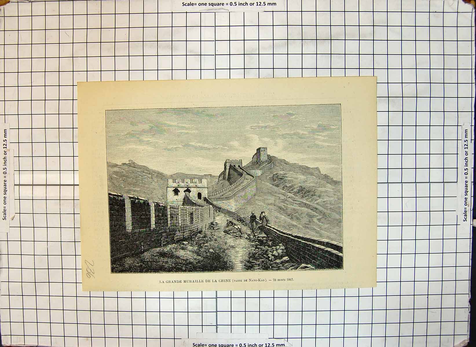 Original Old Antique Print Great Wall China Pass Nang Kao 1867 19th