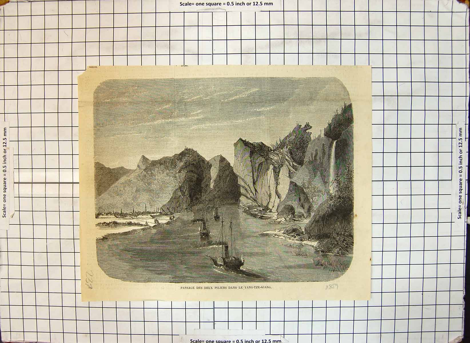 Original Old Antique Print Journey Two Ships Yang Tze Kiang Between Rocks 1859