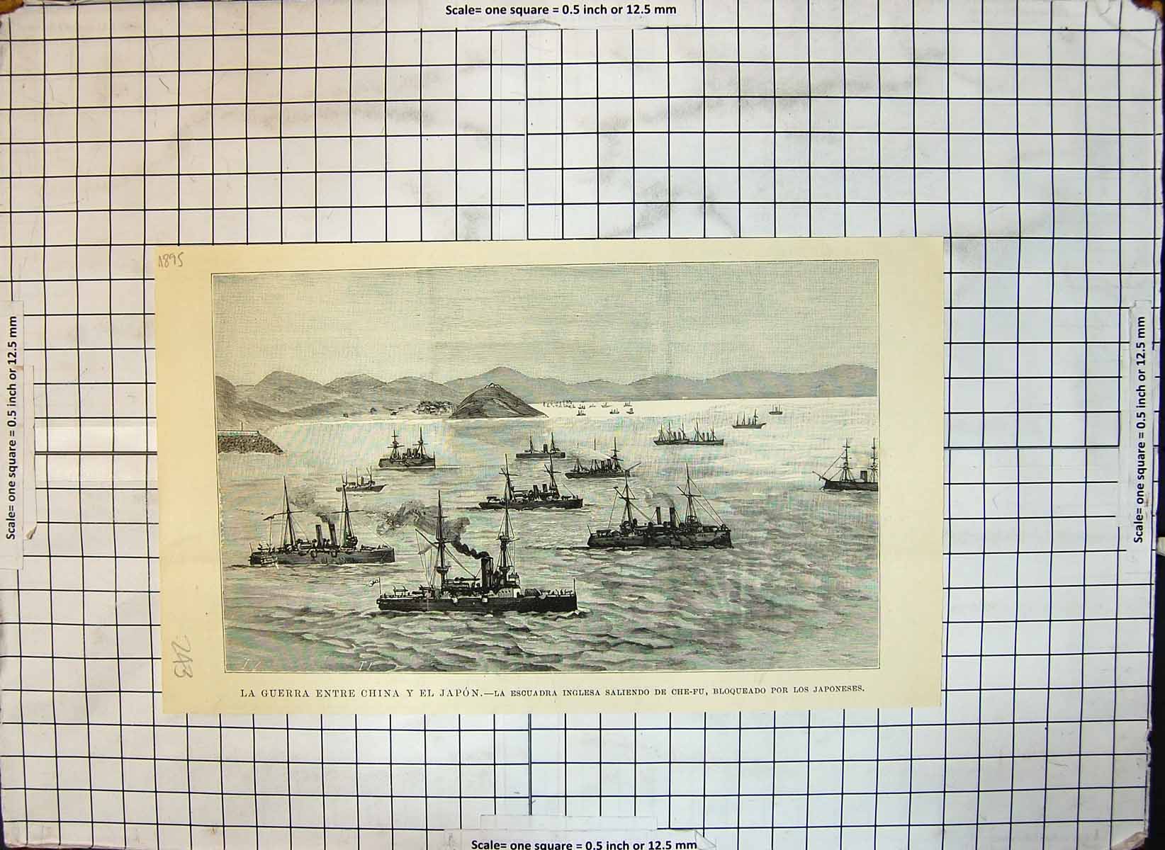 Original Old Antique Print War Between China Japan Blockade Japanese Ships 1895