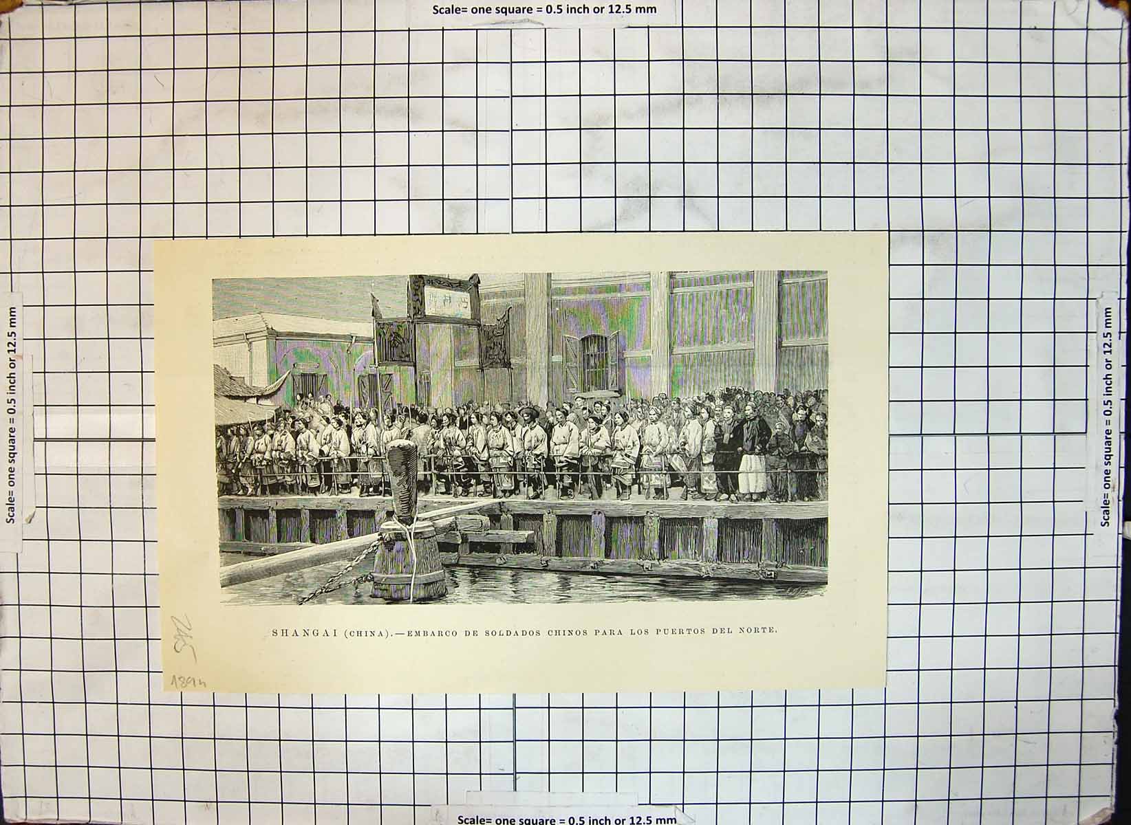 Antique Old Print Shangai China Embarkation Chinese Siers North Ports 1894 19th