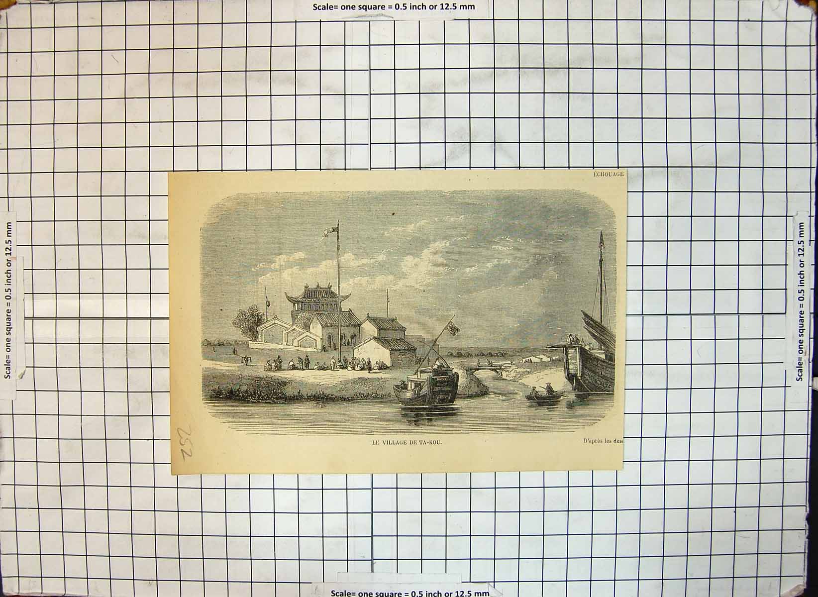 Original Old Antique Print Village Ta Kou China Houses Boats