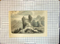 Original Old Antique Print Mountains Voo Tang People Animals Building Bridge
