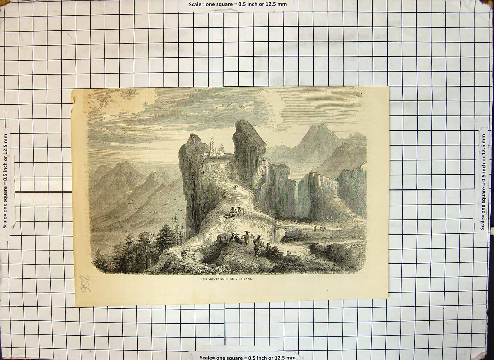 Original Old Antique Print Mountains Voo Tang People Animals Building Bridge