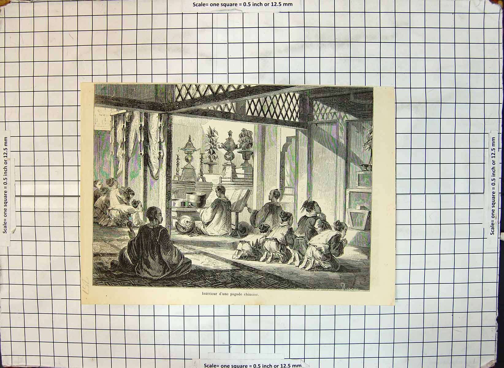 Original Old Antique Print Interior Chinese Pagoda Praying Music