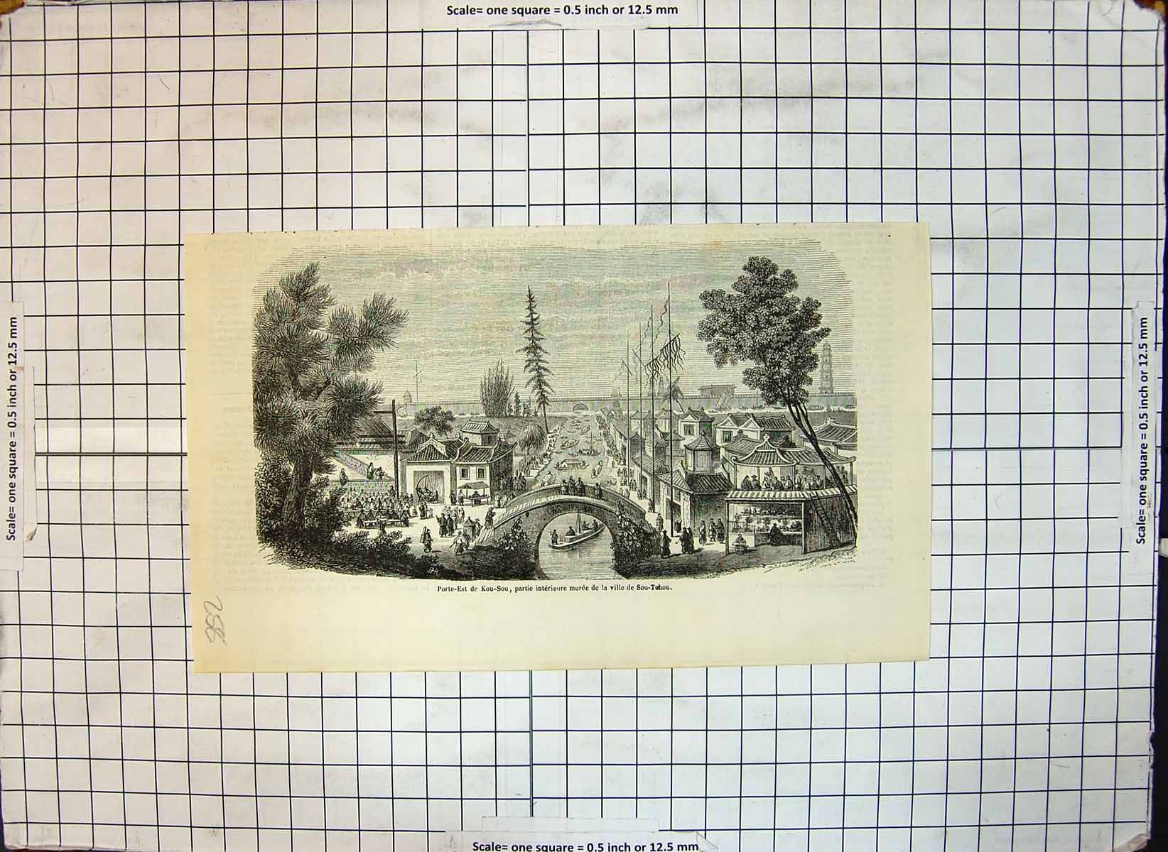 Antique Print East Port Kou Sou Interior Walls Town Sou Tohuo Bridge River