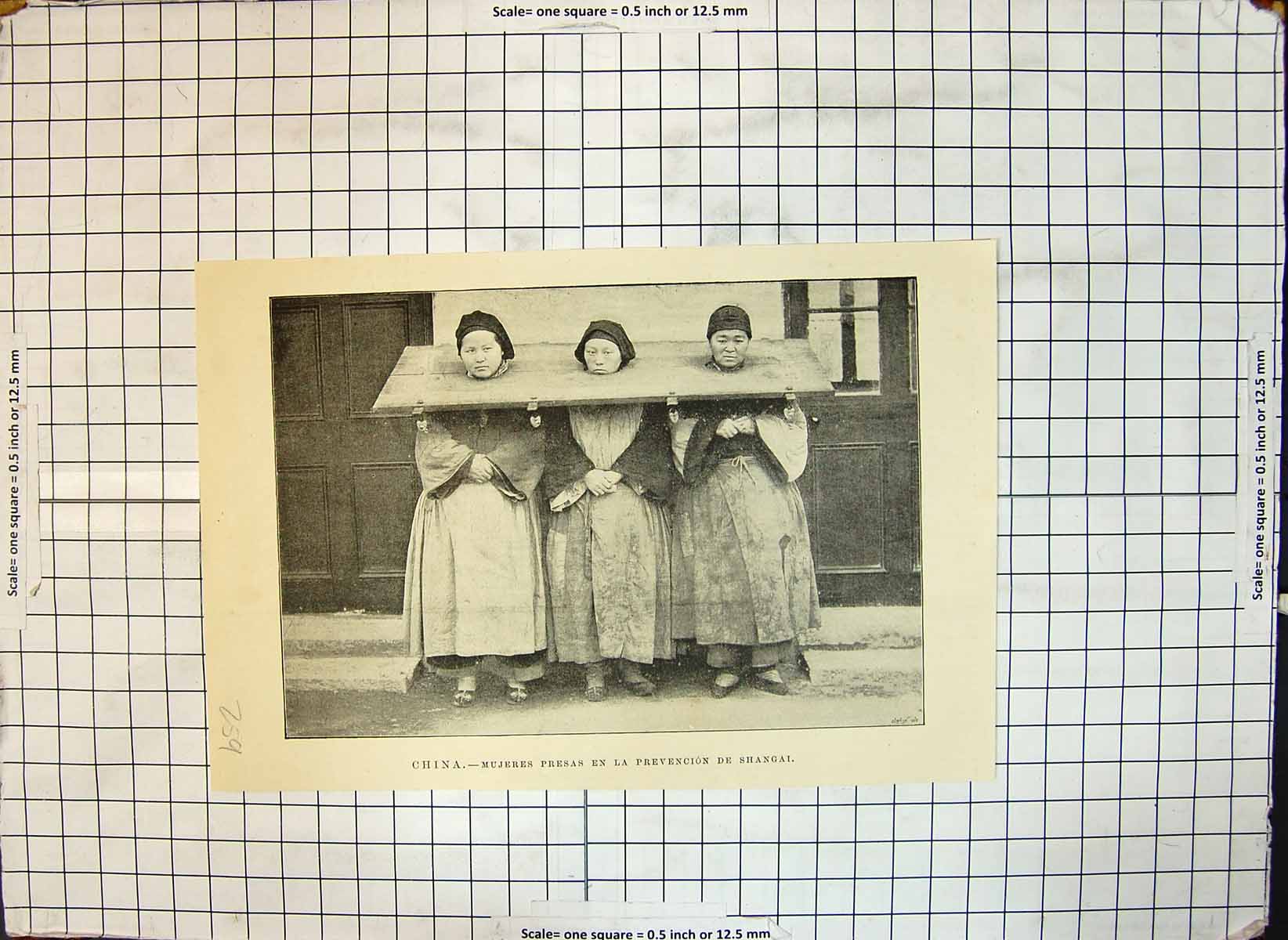 Original Old Antique Print China Three People Heads Through Plank Wood