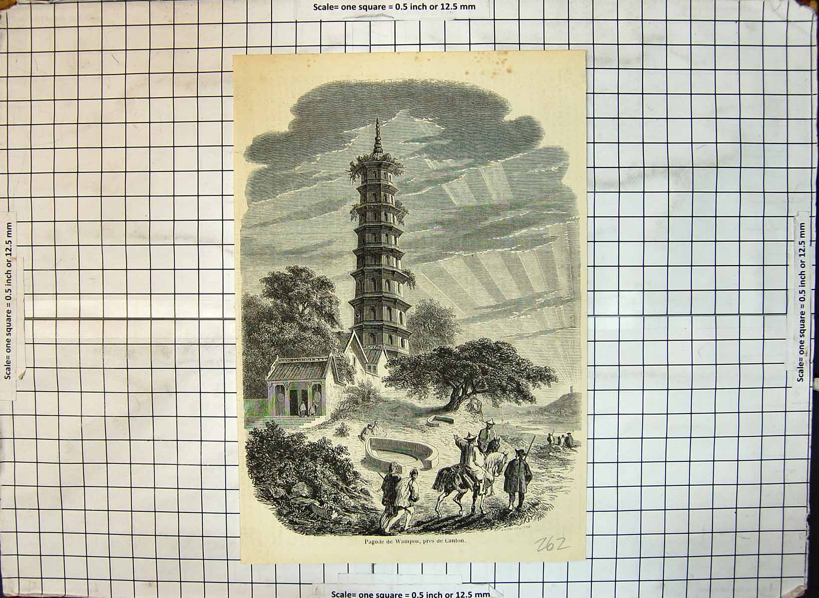 Original Old Antique Print Temple Wamposa Near Canton China