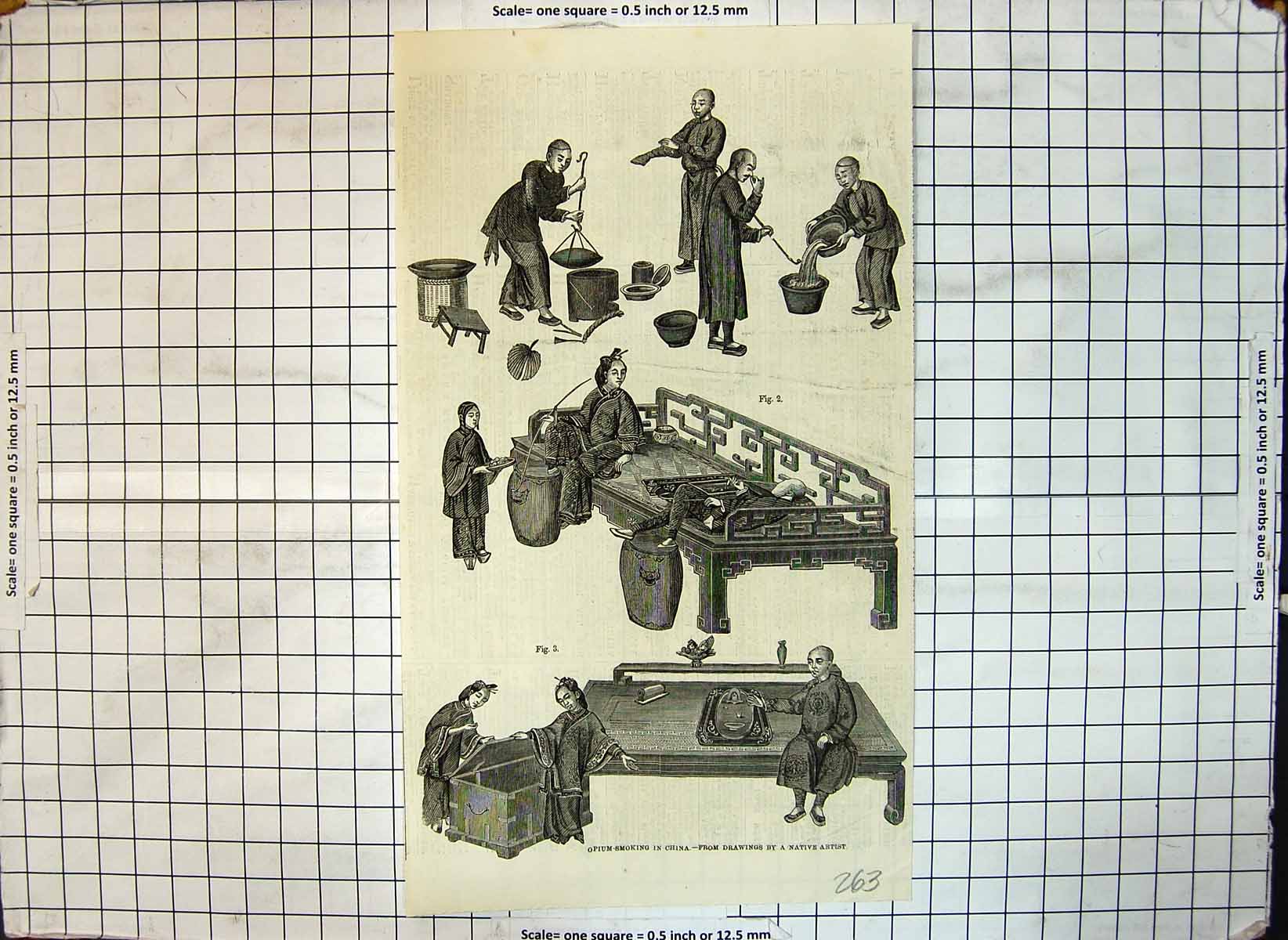 Original Old Antique Print Opium Smoking China Drawings Native Artist