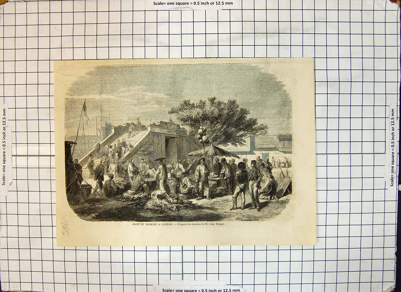 Old Antique Print Bridge Market Canton People Selling Tables M Aug Borget
