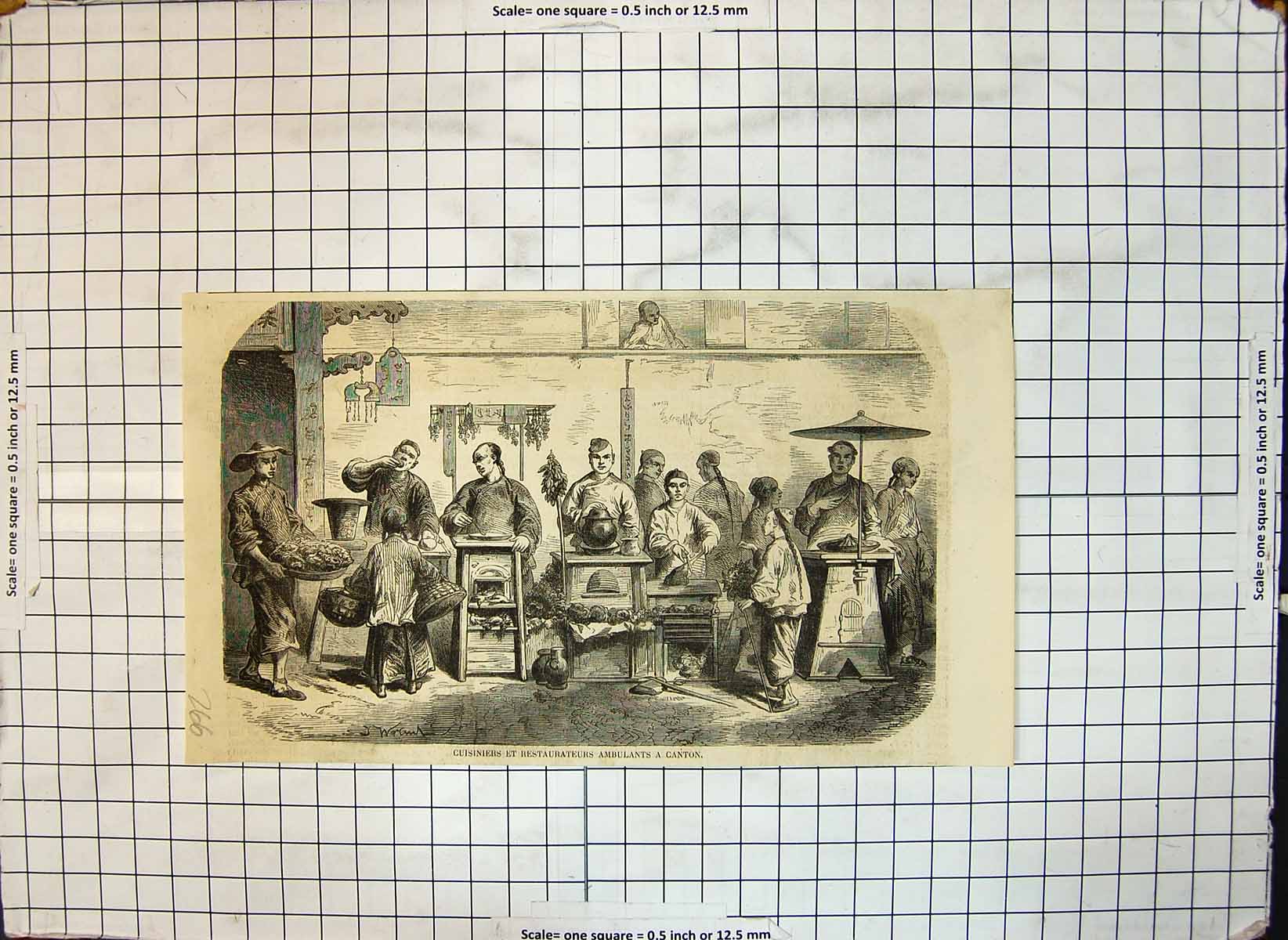 Original Old Antique Print Kitchens Restaurants Canton Chefs Carving Food