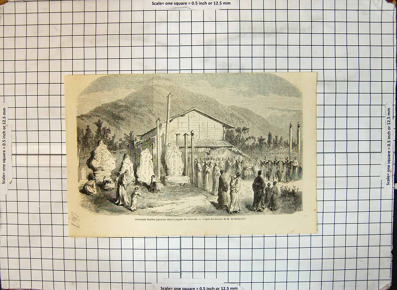 Old Antique Print Japanese Funeral Ceremony Pagoda Dzizo Do M Montravel