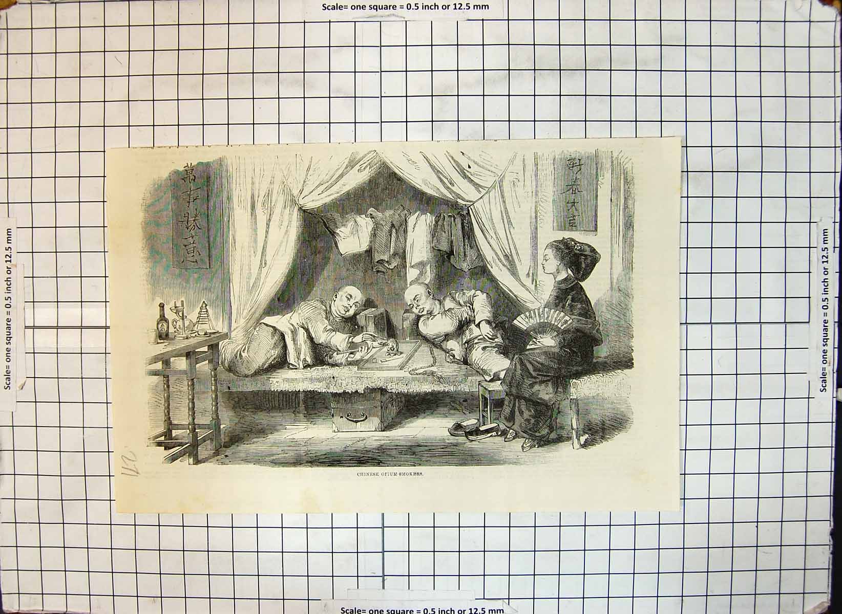 Original Old Antique Print Chinese Opium Smokers Lying On Bench