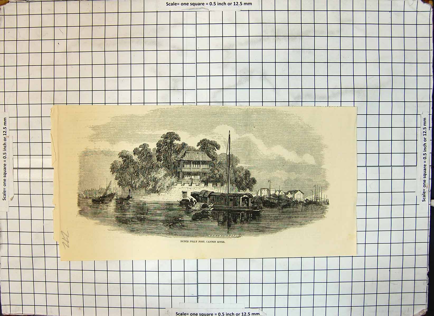 Original Old Antique Print Dutch Folly Fort Canton River