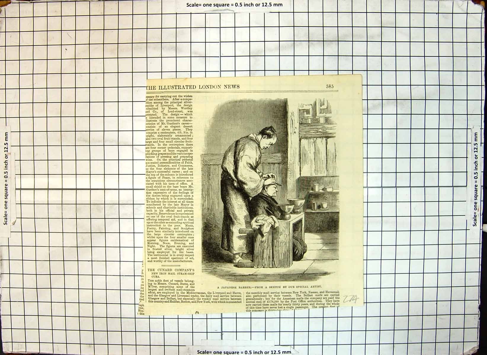 Original Old Antique Print Japanese Barber Cutting Mans Hair