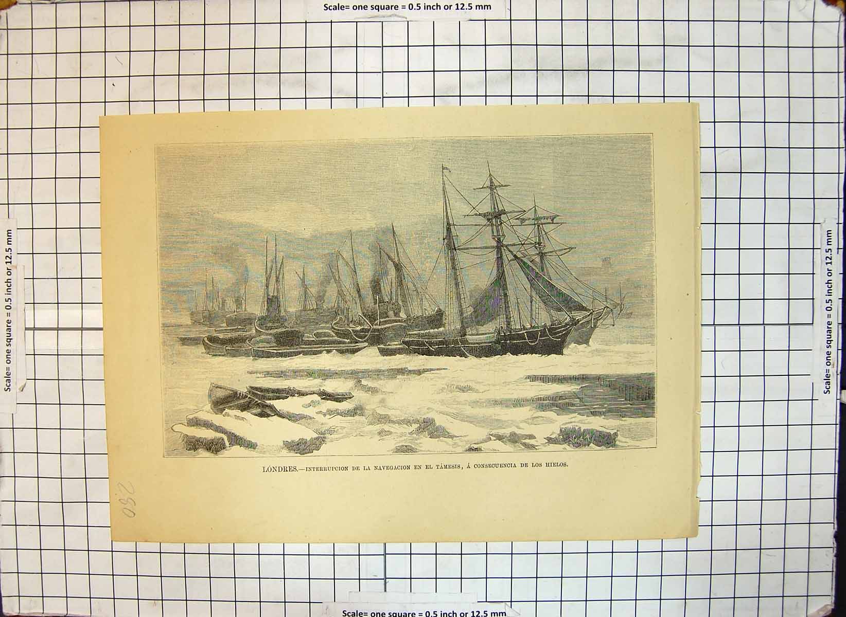 Original Old Antique Print London Interruption Navigation Thames Snowstorm Ice
