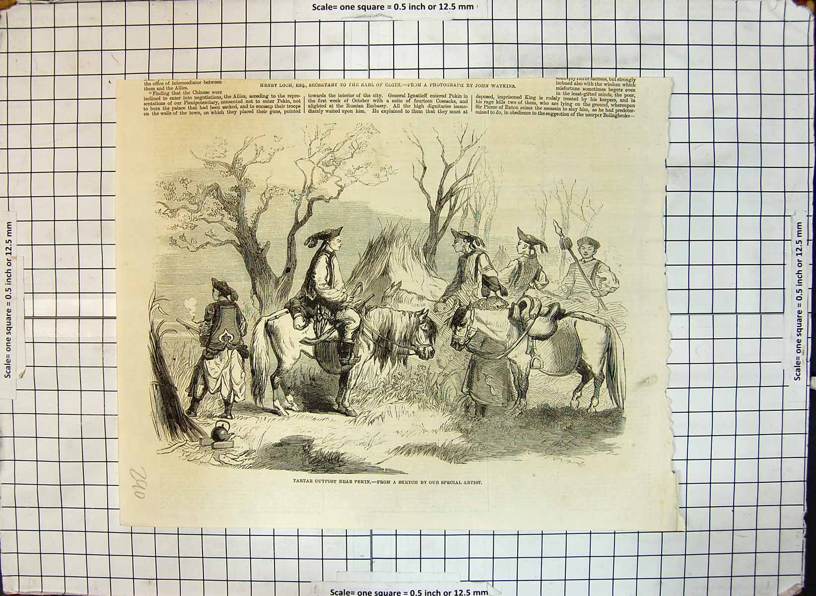 Original Old Antique Print Tartar Outpost Near Peking Camp Horses