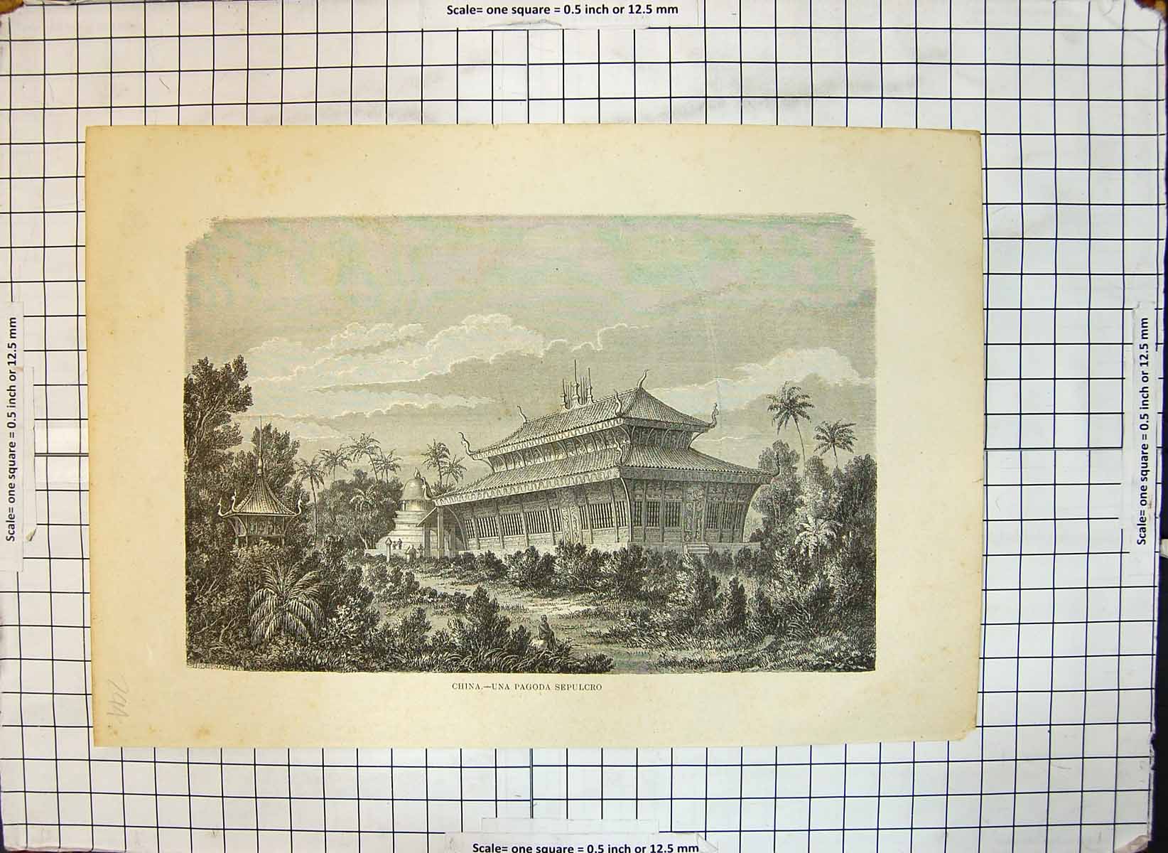 Original Old Antique Print China Pagoda Sepulcro