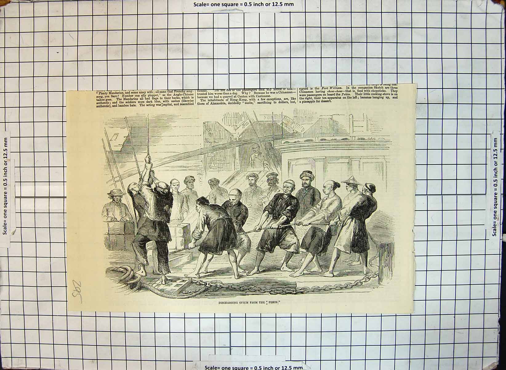 Original Old Antique Print Discharging Opium From The Peking Pulling Ropes