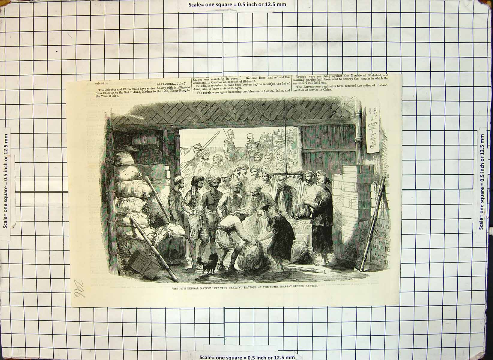 Old Print 70Th Bengal Native Infantry Drawing Rations Commissariat Canton