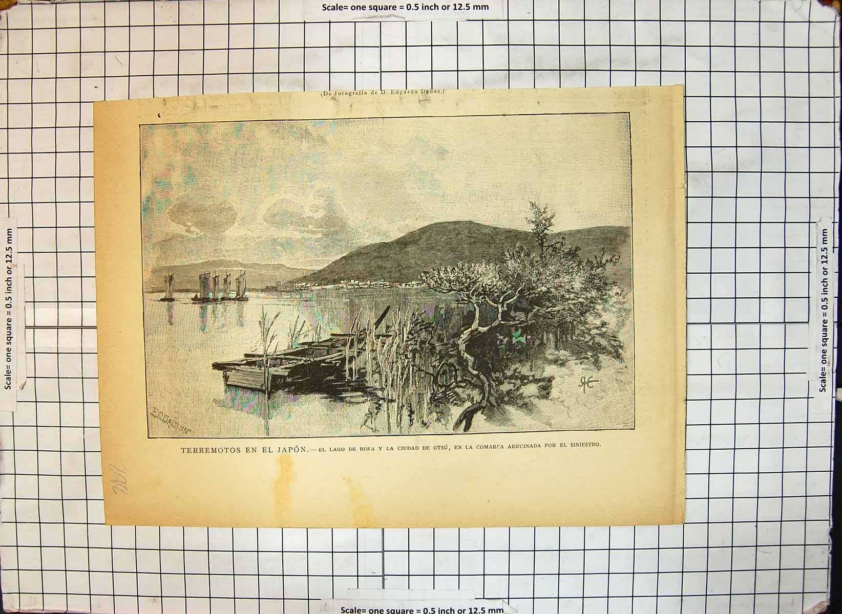 Original Old Antique Print Earthquake Japan Bay Ciudad Damage